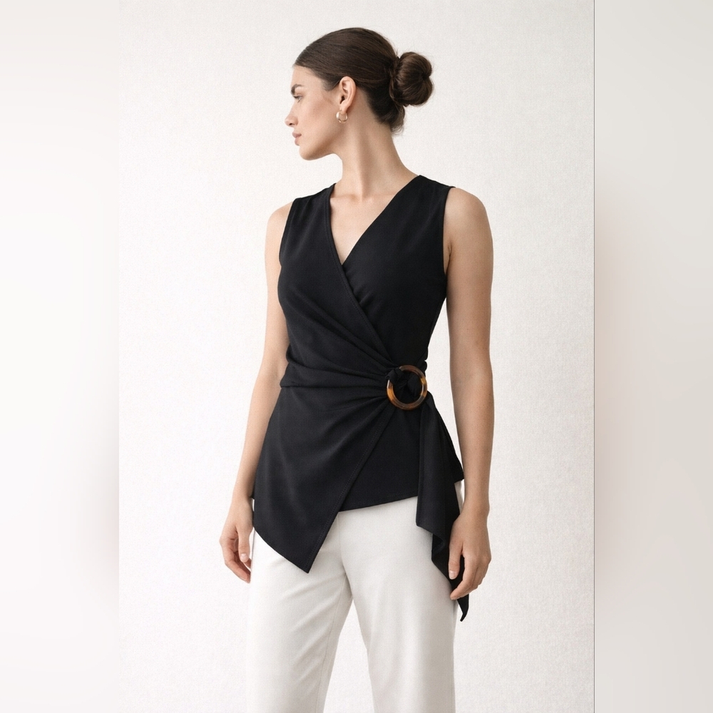 NWT Worthington Black Asymmetrical Wrap Top S Sleeveless Ring Detail Tie Waist